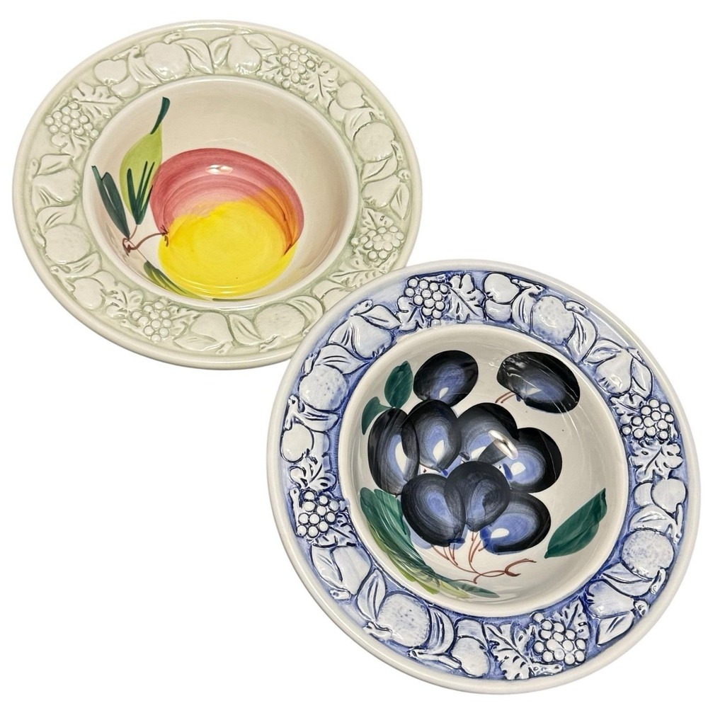 Italian Ceramic Fruit Soup Bowls Set of 2 Embossed Rim‎ Made in Italy